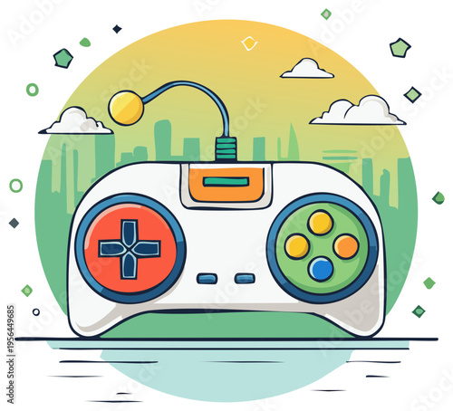 Retro video game controller illustration with joystick and an urban city skyline background