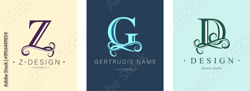 Logo Z, capital letter G, D. Monogram of Botanical Minimalistic, Initial. with Organic Plant Elements. Vector design. 