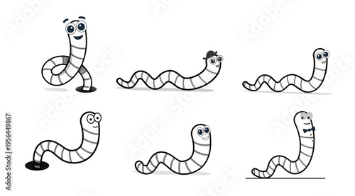 black worm, flat style. Earthworm is a cartoon character. vector Isolated illustration Worm on white background.