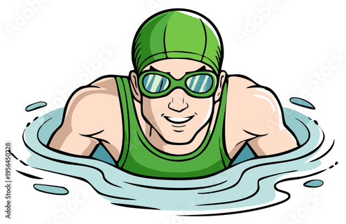 Cartoon Swimmer with Green Cap in Water Illustration