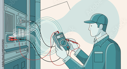 Electrical technician examining equipment with multimeter for precise diagnostics and repair