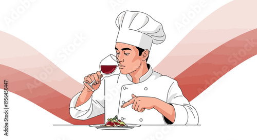 Elegant chef in uniform assesses the aroma of red wine paired with a gourmet dish