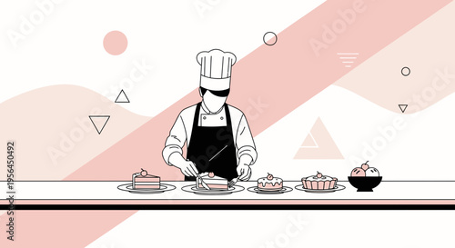 Elegant depiction of a pastry chef preparing delightful desserts in a stylized background