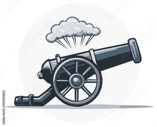 Cartoon Cannon Illustration with Smoke Cloud Element, Vintage Weapons Concept