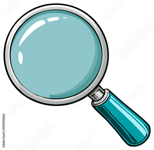 Illustration of magnifying glass with light blue lens and handle, tool for exploration and investigation.