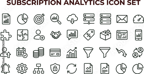 Subscription analytics outline icon set featuring revenue tracking growth conversion marketing dashboard interface symbols for business applications