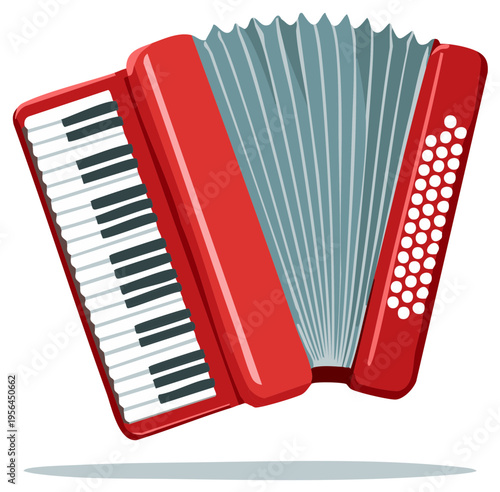 Cartoon illustration of a bright red accordion with keyboard and buttons, musical instrument