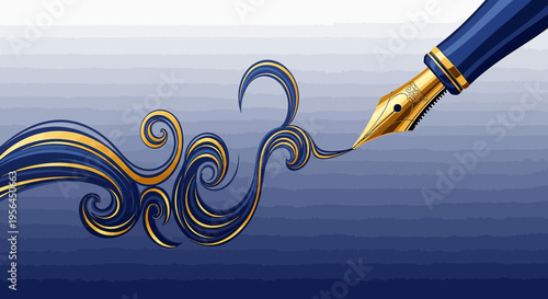 Elegant golden fountain pen drawing swirling lines on a blue gradient backdrop