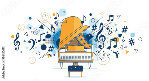 Elegant grand piano illustration with musical notes and geometric designs creates a sophisticated