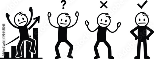 Collection of four stick figure illustrations showing success, confusion, incorrectness, and correctness with graph, question mark, X, and checkmark symbols