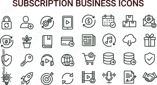 Subscription business outline icon set featuring payment automation security engagement media analytics dashboard interface symbols for marketing applications