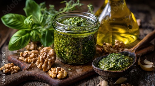 Glass jar of green walnut pesto on wooden cutting board