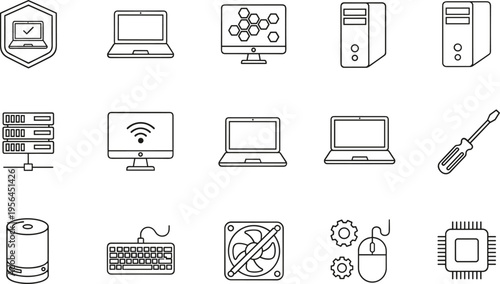Black and white line icons of computer technology, cybersecurity, hardware repair, networking, servers, laptops, and digital devices for IT, software, and data visualization concepts