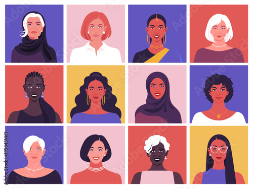Modern flat vector illustration set of diverse women portraits. A multicultural collection featuring female faces of different ages, ethnicities. User avatars, International Women's Day, diversity