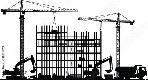 Black and white silhouette illustration of construction site with cranes, excavators, scaffolding, dump truck, workers, and multi-story building structure under development in urban environment