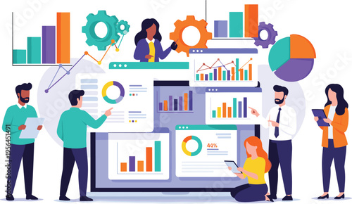Diverse Professional Team Analyzing Complex Business Data Dashboards and Financial Charts on a Large Computer Screen for Strategic Corporate Growth