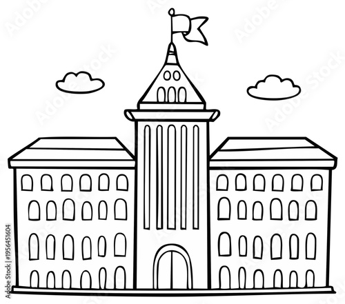 Hand-drawn cartoon building outline with tower and flag