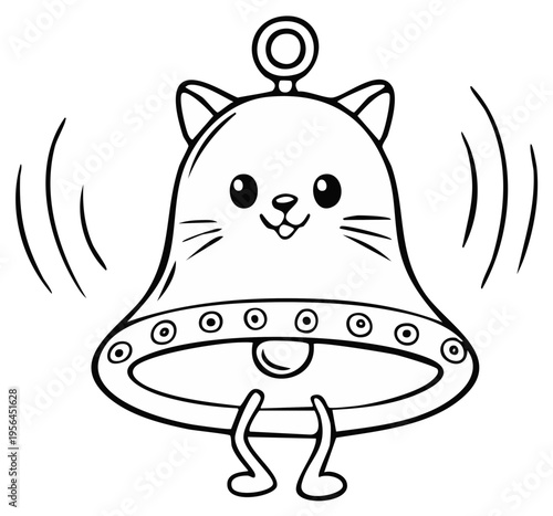 Cartoon bell character with cat ears ringing and smiling in line art.