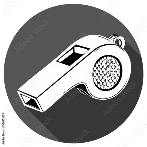 Close-up illustration of a referee's whistle with a long shadow cast on a dark circular background, representing sports and official signals.