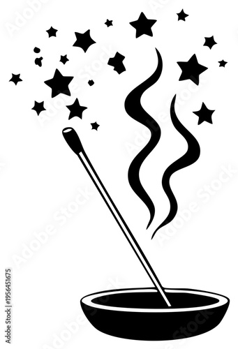 Incense in bowl with smoke and stars Illustration in black and white