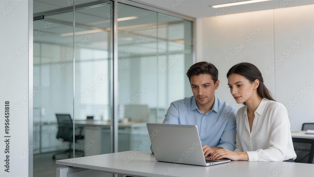 Obraz premium Office workers collaborating on laptop