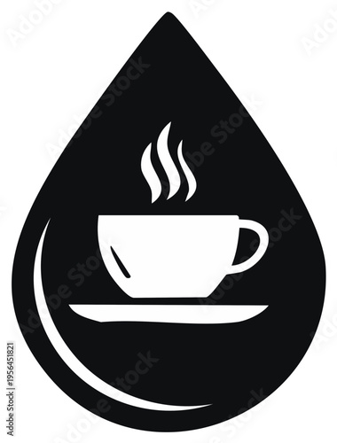 Coffee cup and saucer in a teardrop design with steam