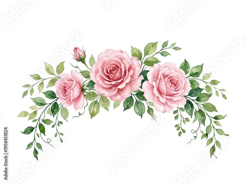 A wreath arrangement consisting of pink roses and green leaves, painted using the isolated watercolor technique on a transparent background.