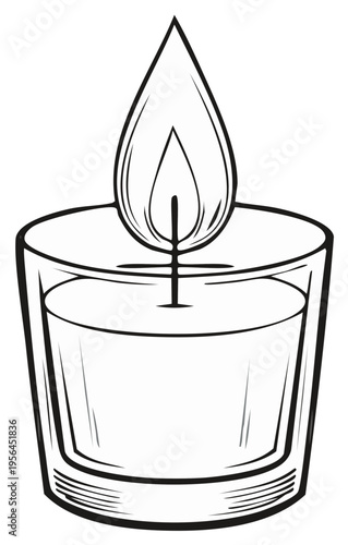 Burning candle in glass holder, illuminated flame, monochrome drawing