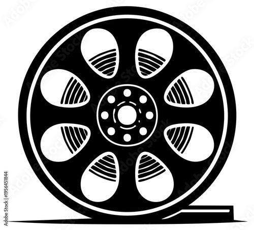 Vintage film reel icon with strip of movie film unwinding