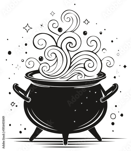 Mystical bubbling cauldron with swirling steam and magical stars, black and white illustration.