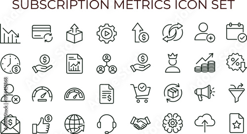 Subscription metrics outline icon set featuring revenue analytics growth conversion finance dashboard interface symbols for business applications marketing