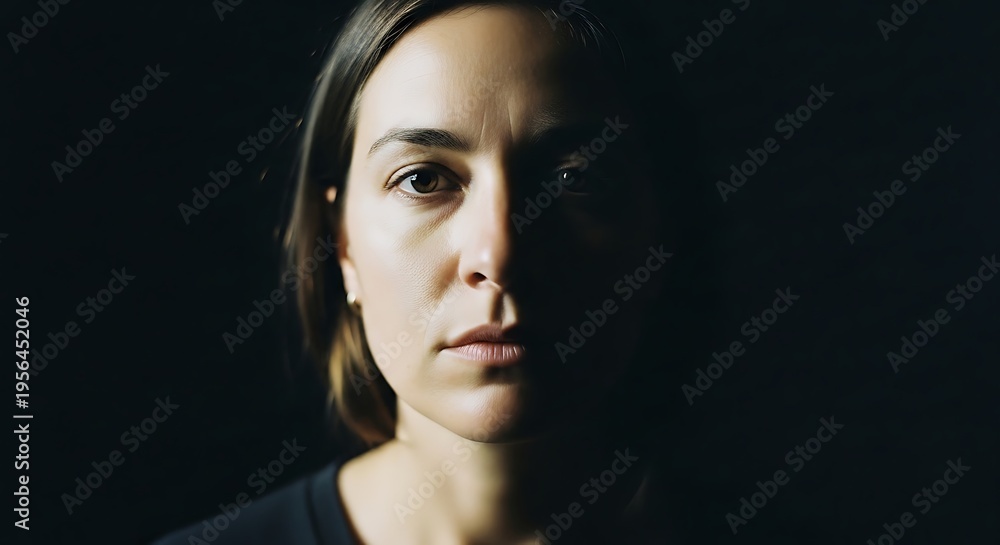 Fototapeta premium A woman with a serious expression looking directly at the camera in a dark room
