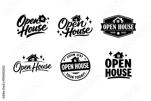Set of six black and white open house logos with house illustrations and decorative elements