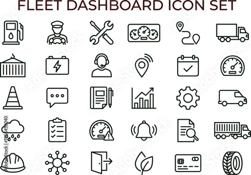 Fleet dashboard outline icon set featuring logistics tracking maintenance analytics navigation interface symbols for transportation management applications web software