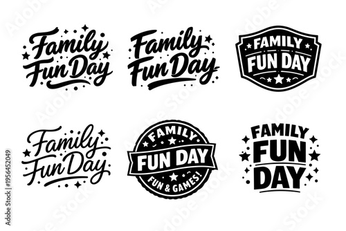 Family fun day logos with stars and banners in black and white theme