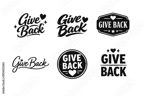 Give back logos: heart symbol variations in black and white for charity and philanthropy designs