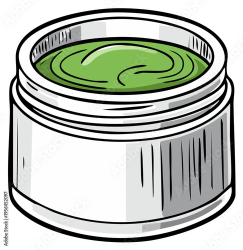 Open jar with green cream textured gel lotion cosmetic product inside