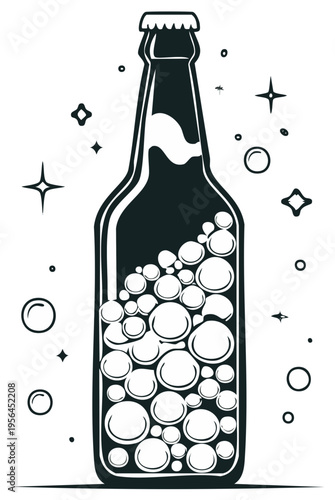 Beer bottle illustration with bubbles and sparkles vector design