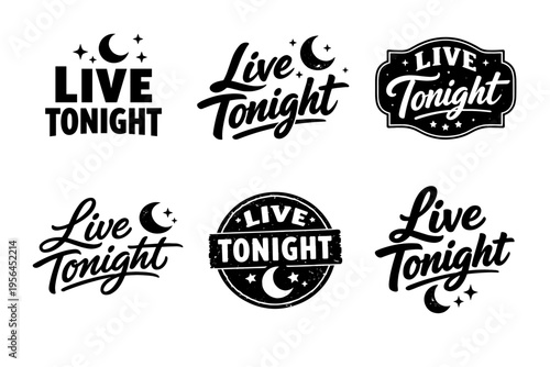 Live tonight logos with crescent moon and stars design variations
