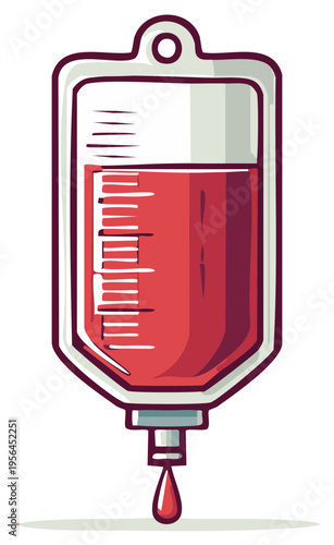 Medical intravenous bag filled with red liquid and a dripping drop
