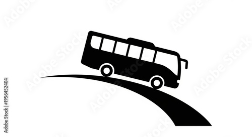 Silhouette of a bus traveling along a curved road over a hill at dusk, minimalist black-and-white vector illustration