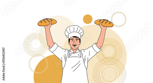 Enthusiastic baker celebrates fresh artisanal loaves, presenting bakery delights with pride