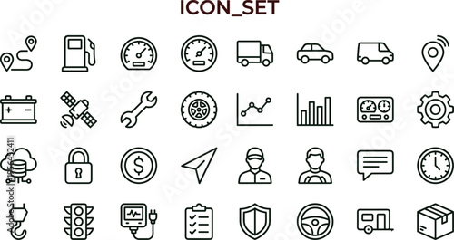 Transportation logistics dashboard outline icon set featuring vehicle tracking analytics maintenance navigation interface symbols for fleet management applications