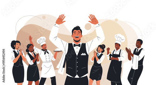 Enthusiastic restaurant team celebrates success with diverse staff and joyful atmosphere of unity