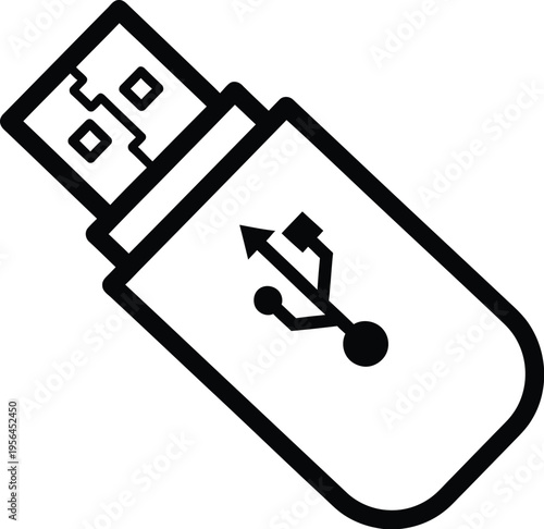 A minimalist black and white line art illustration of a standard portable usb flash drive stick