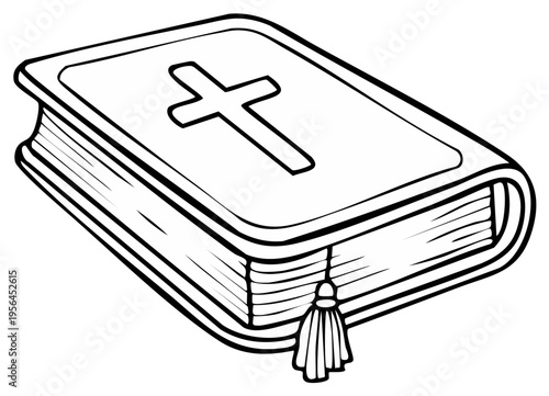 Outlined illustration of a closed book with a cross and bookmark
