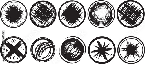 A collection of circular design elements featuring various hand-drawn textures, including dense cross-hatching, radiating starbursts, and messy scribbles.