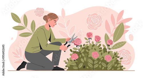 Elegant woman trimming pink roses in a blossoming garden illustration featuring soft color
