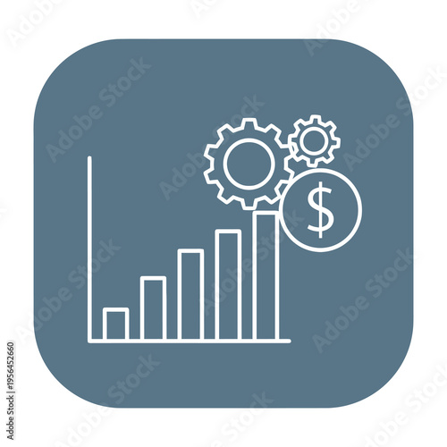 Business growth graph with gears and dollar sign icon on blue background symbolizing financial success and profitability