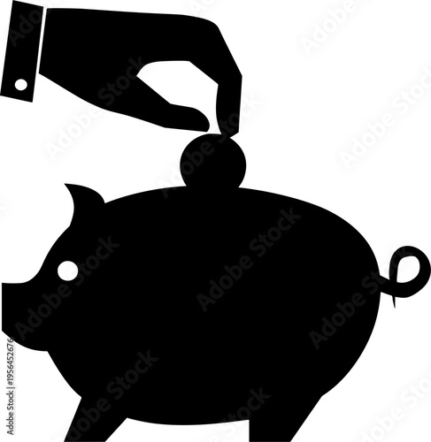 Hand Putting Coin into Piggy Bank Silhouette Illustration